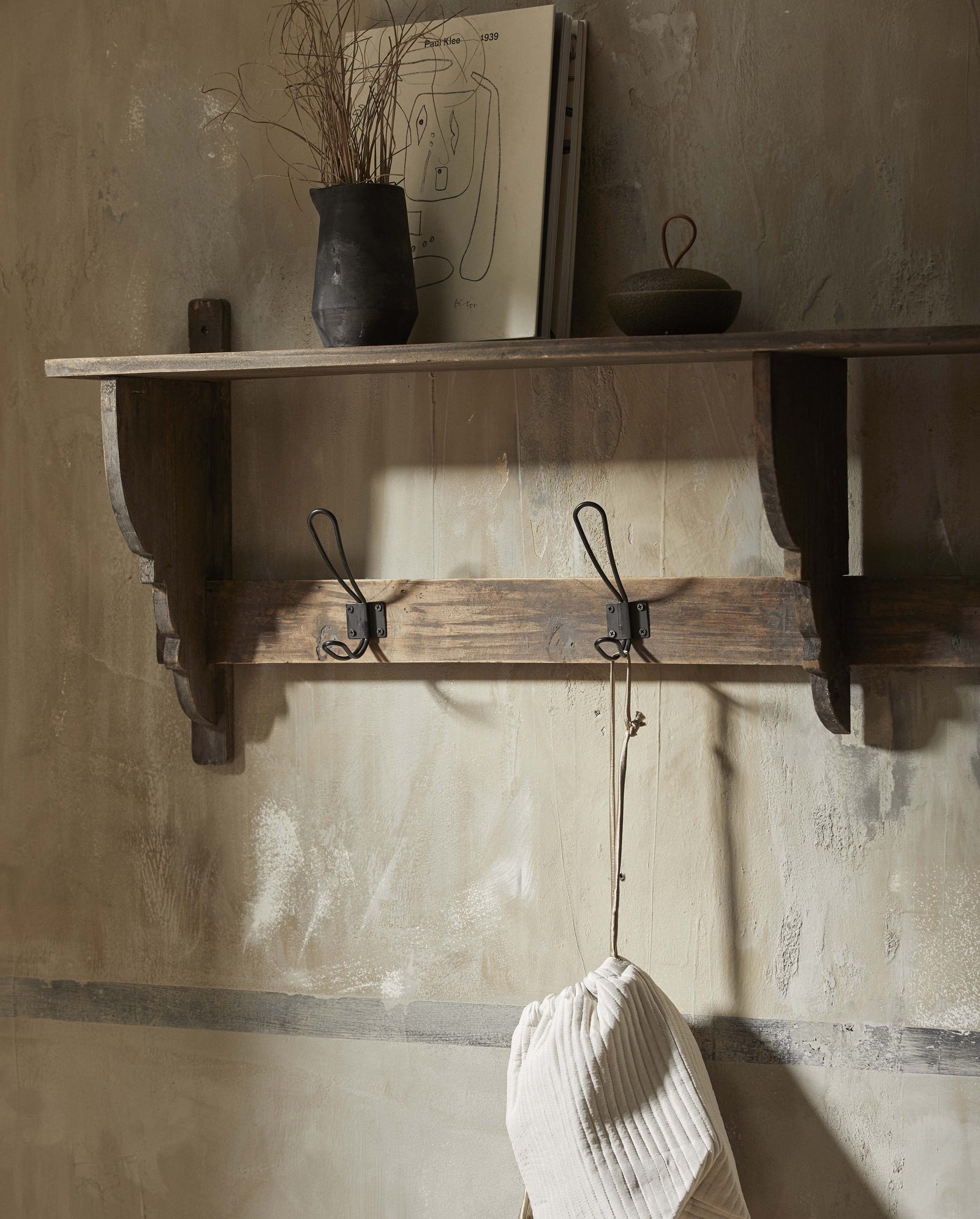 CARONU shelf, 4 hooks, reclaimed wood - nature