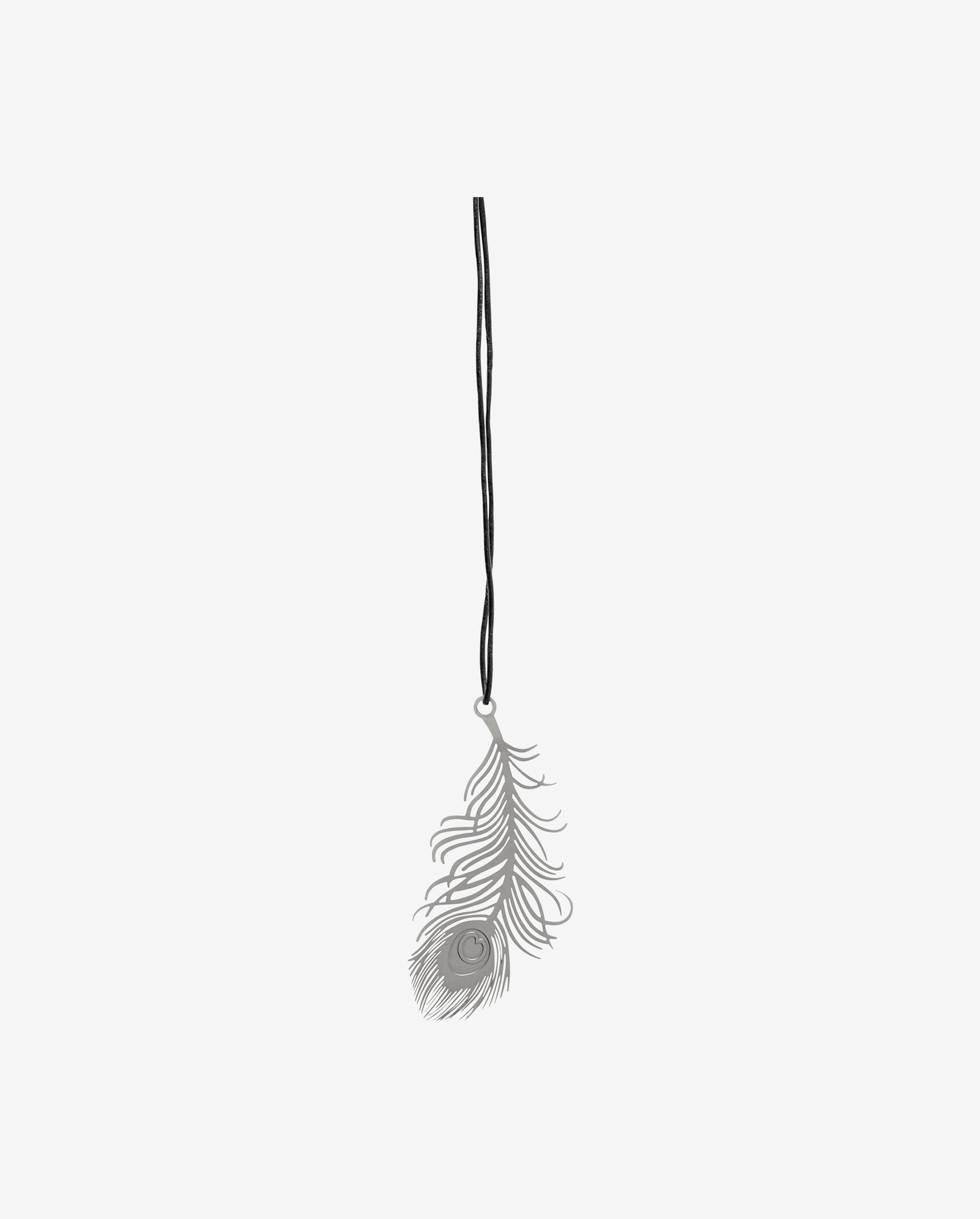 Metal feather, gun grey w/leather string