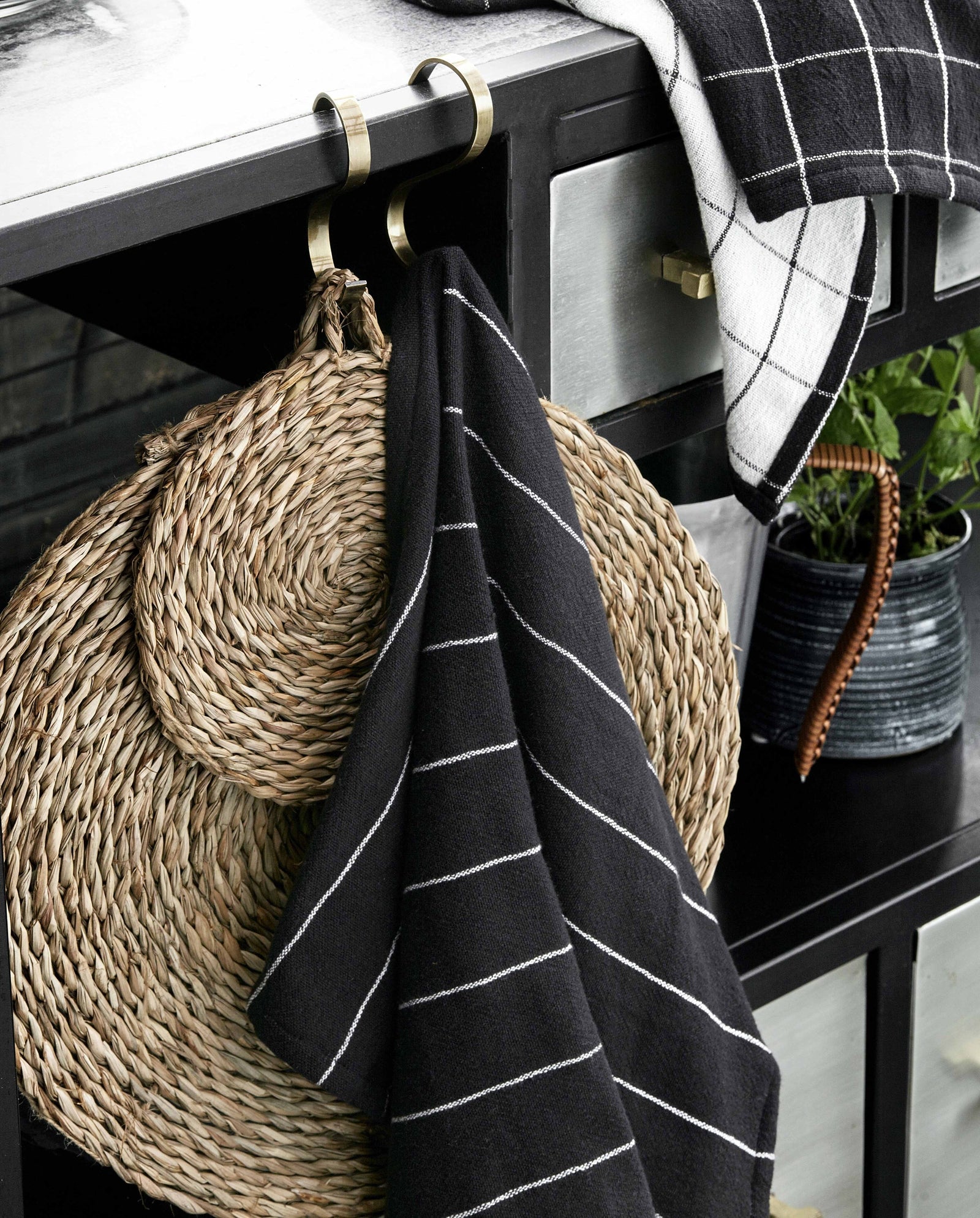 Torchon, carreaux/rayures - noir/naturel